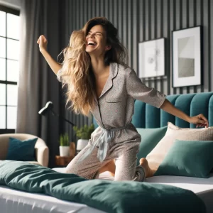 Woman Wakes Up From a well rested nights sleep feeling full of energy and life.